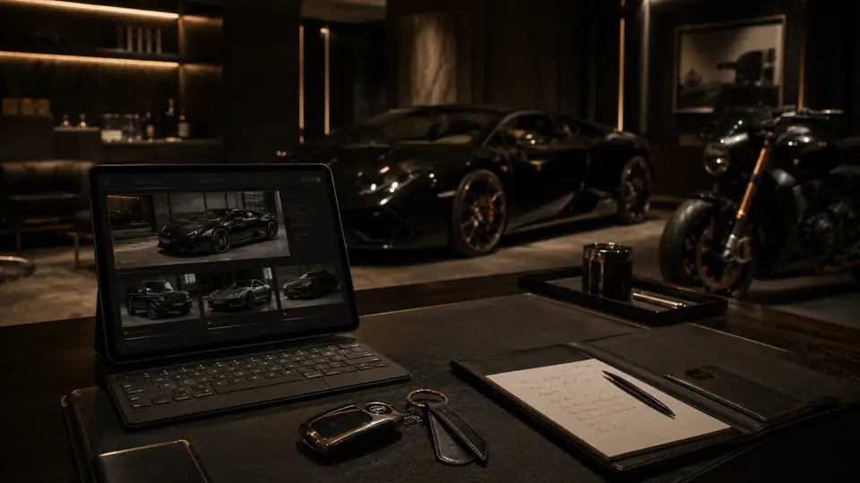 Escritorio de un showroom con el catálogo de vehículos abierto en una tablet
